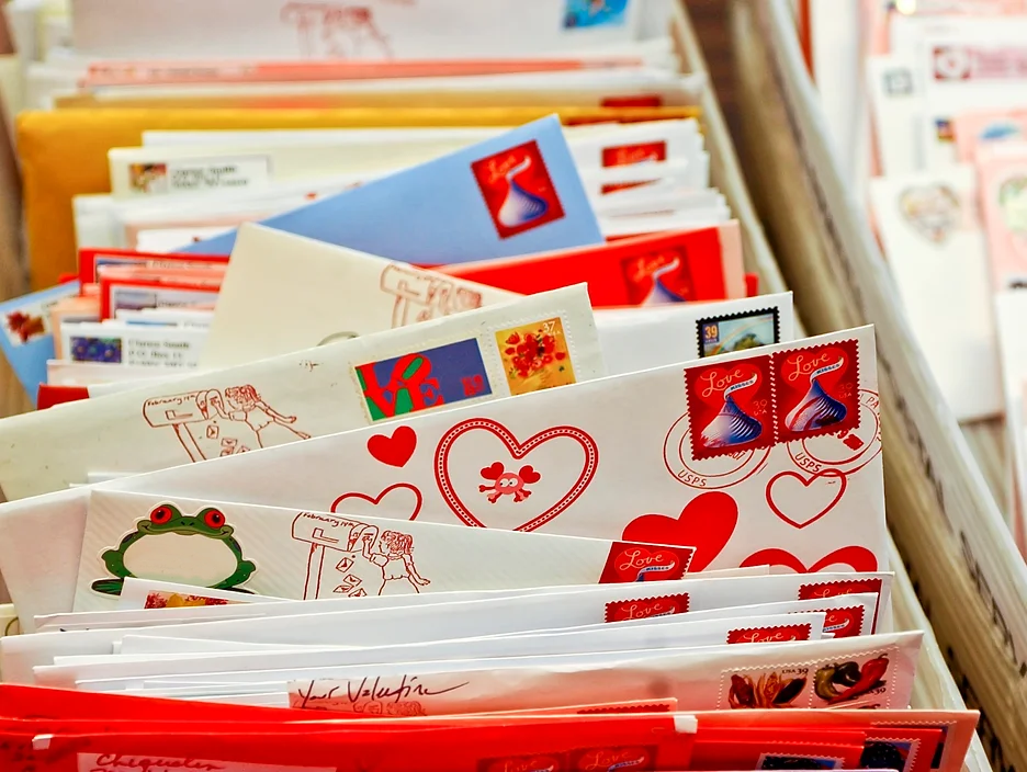 Stamped Valentine's Day cards and letters