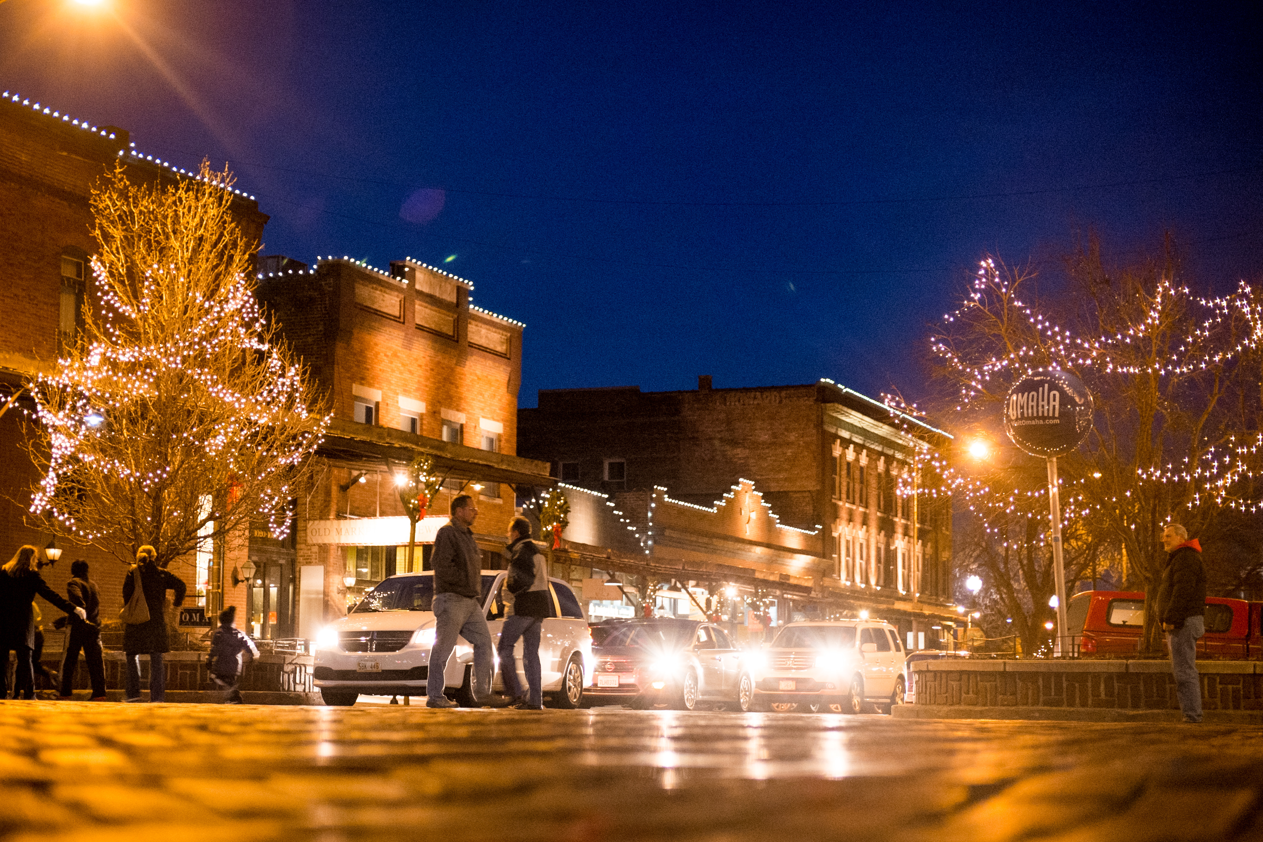 Holiday lights illuminating Omaha's Old Market district.