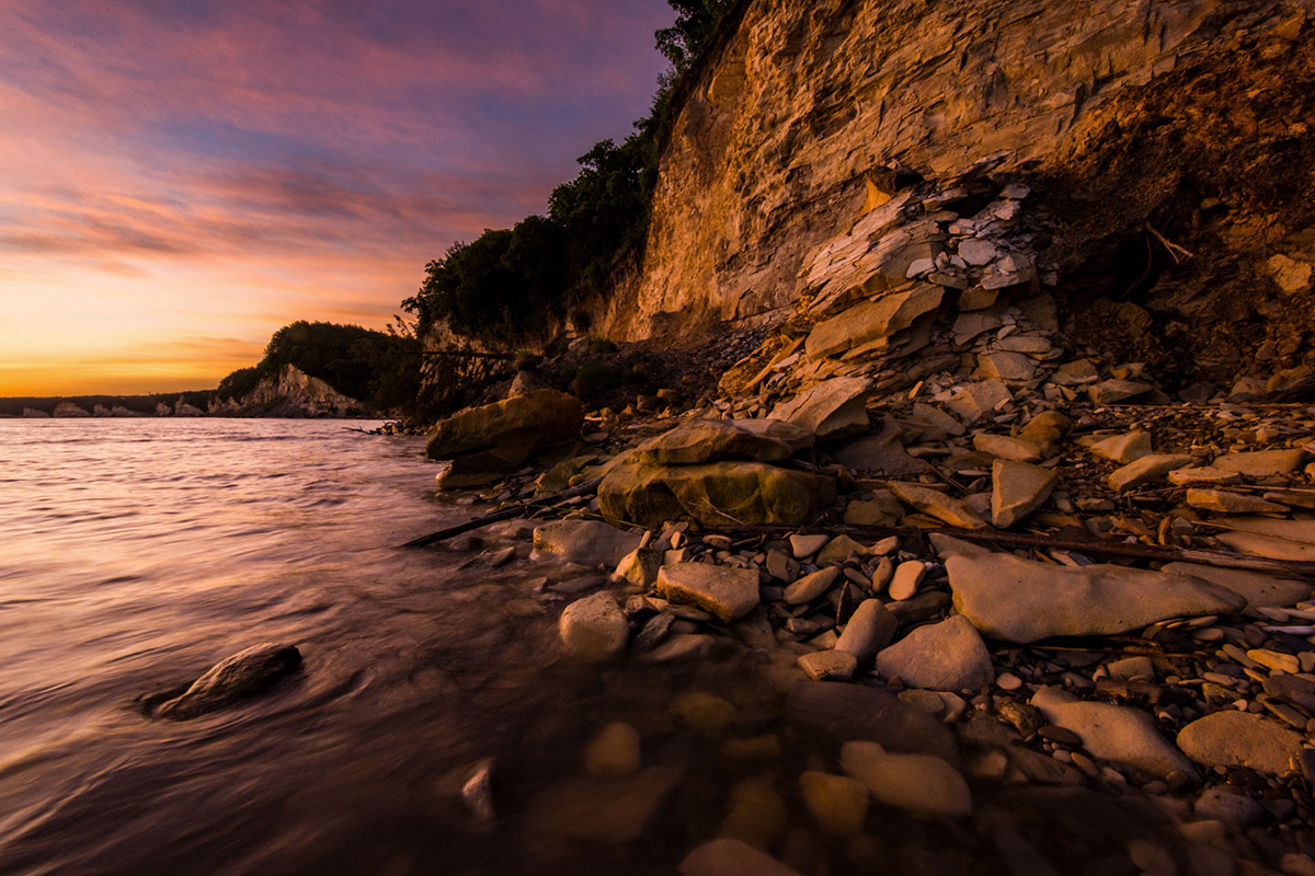 Rocky shore of lake.