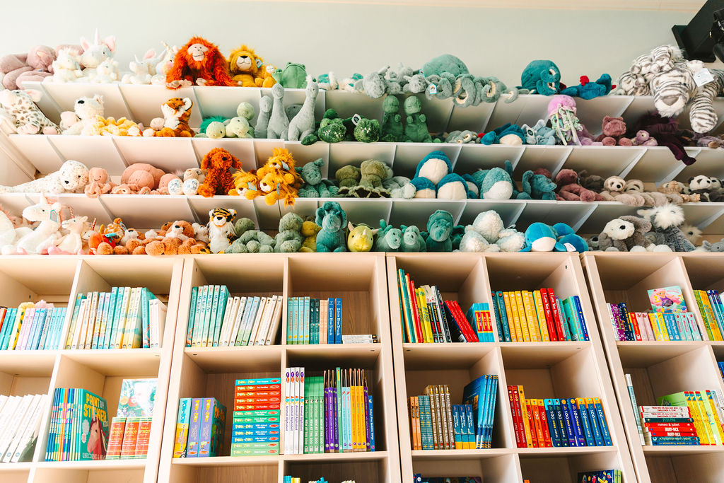 Toys and books on display.