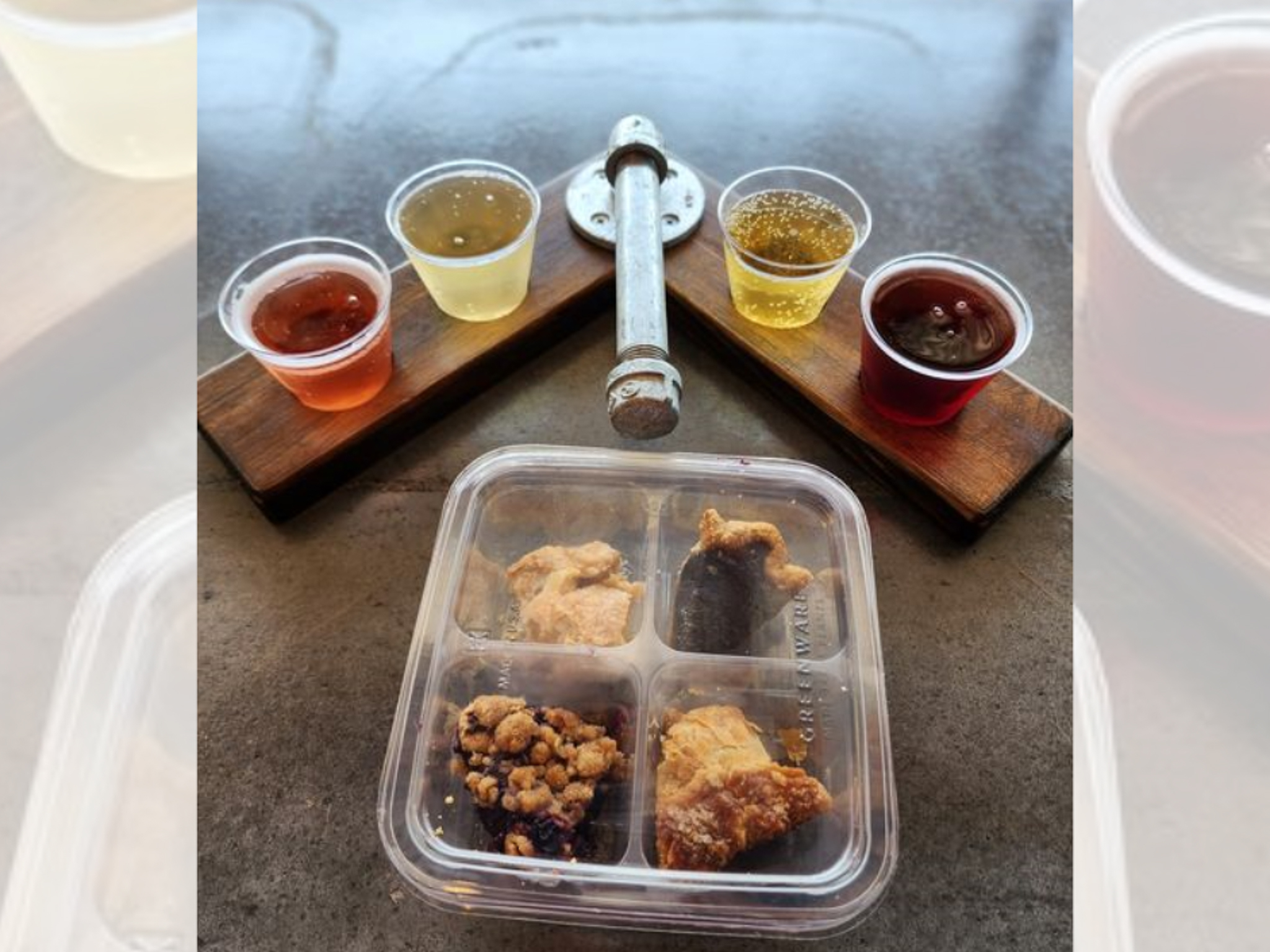 A flight of cider and pie from Vala's Pumpkin Patch.