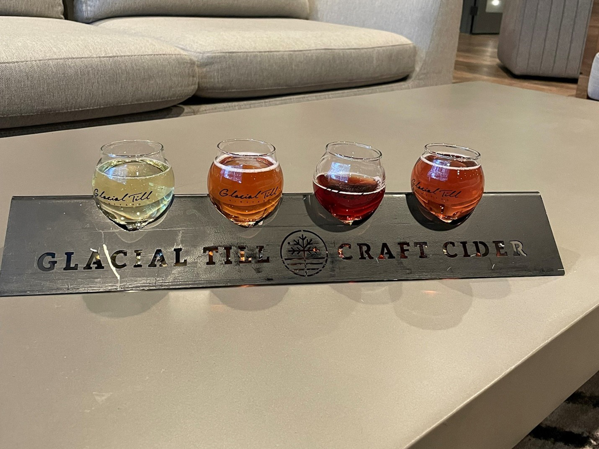 A flight of ciders from Glacial Till Cider House and Tasting Room.