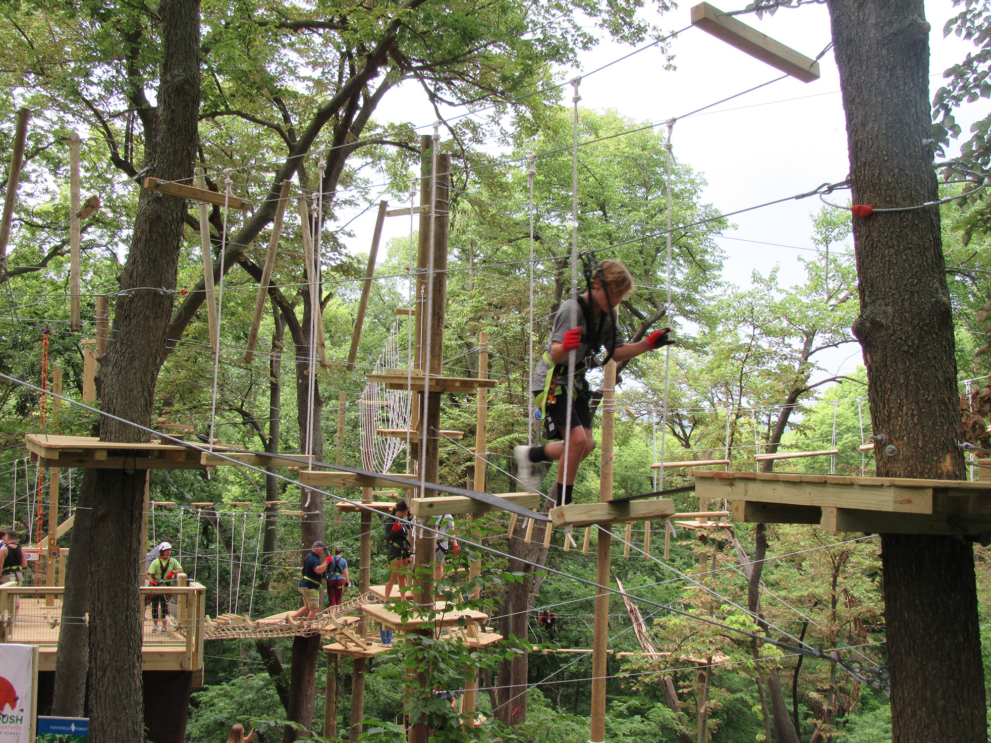 Climbers traverse a treetop obstacle course at TreeRush Adventures in Fontenelle Forest in Bellevue, NE.