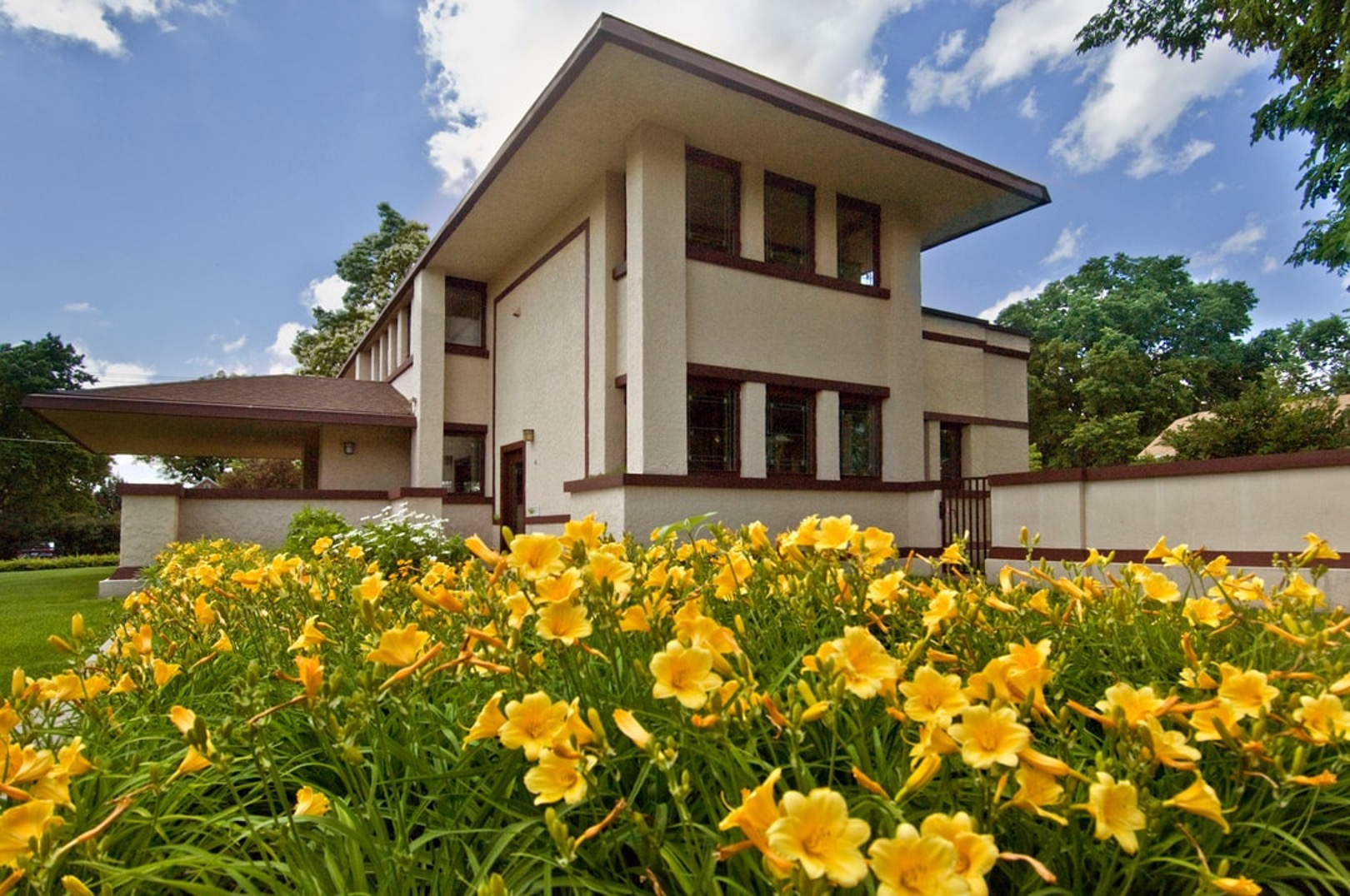 Flowers outside the Frank Lloyd Wright-designed Sutton House in McCook.