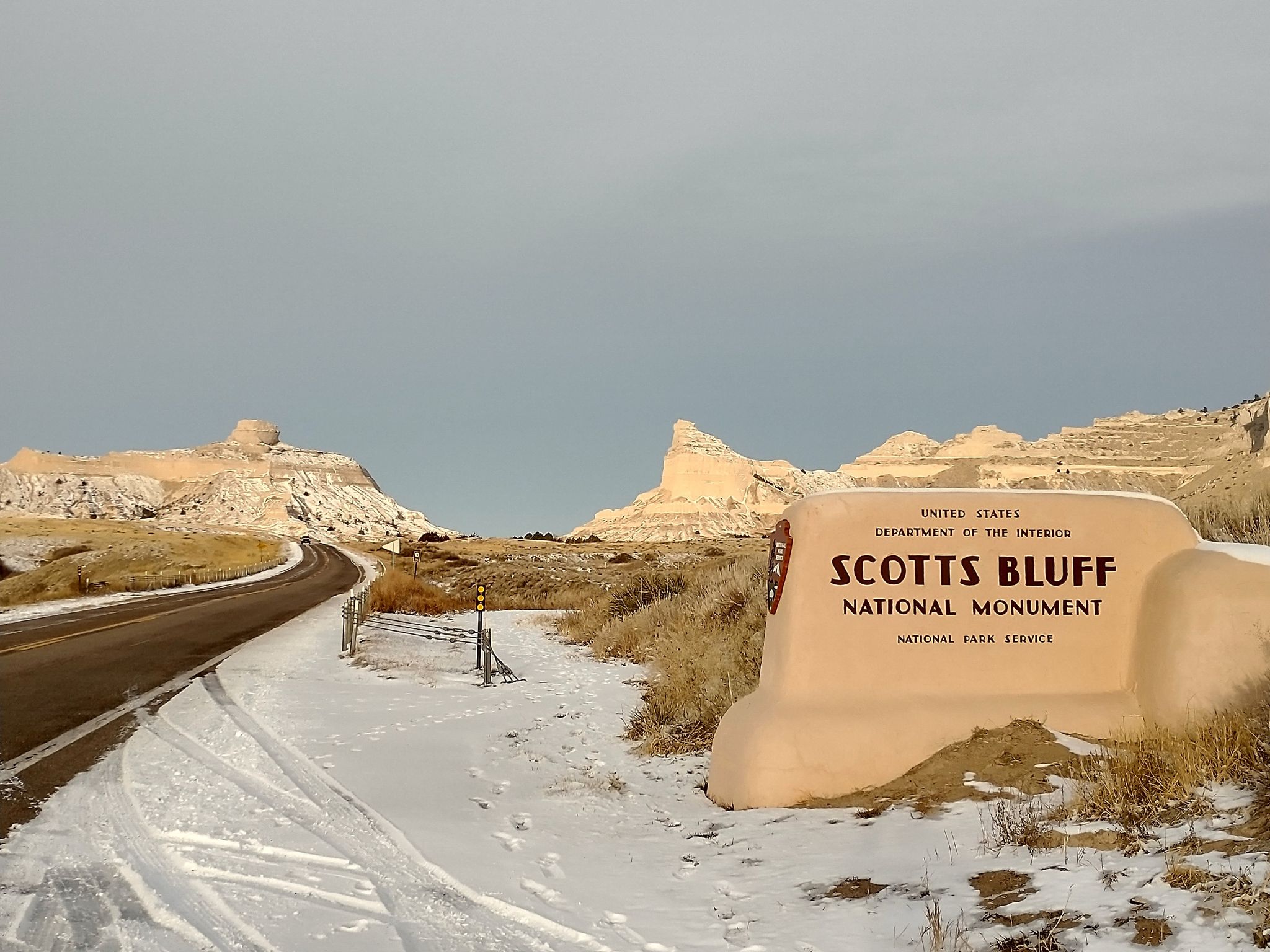 Scotts Bluff National Monument with snow covering the ground in winter