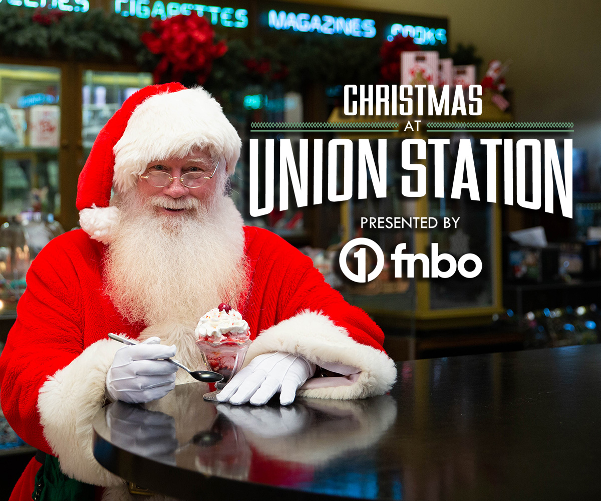 A graphic for Christmas at Union Station with Santa eating ice cream.