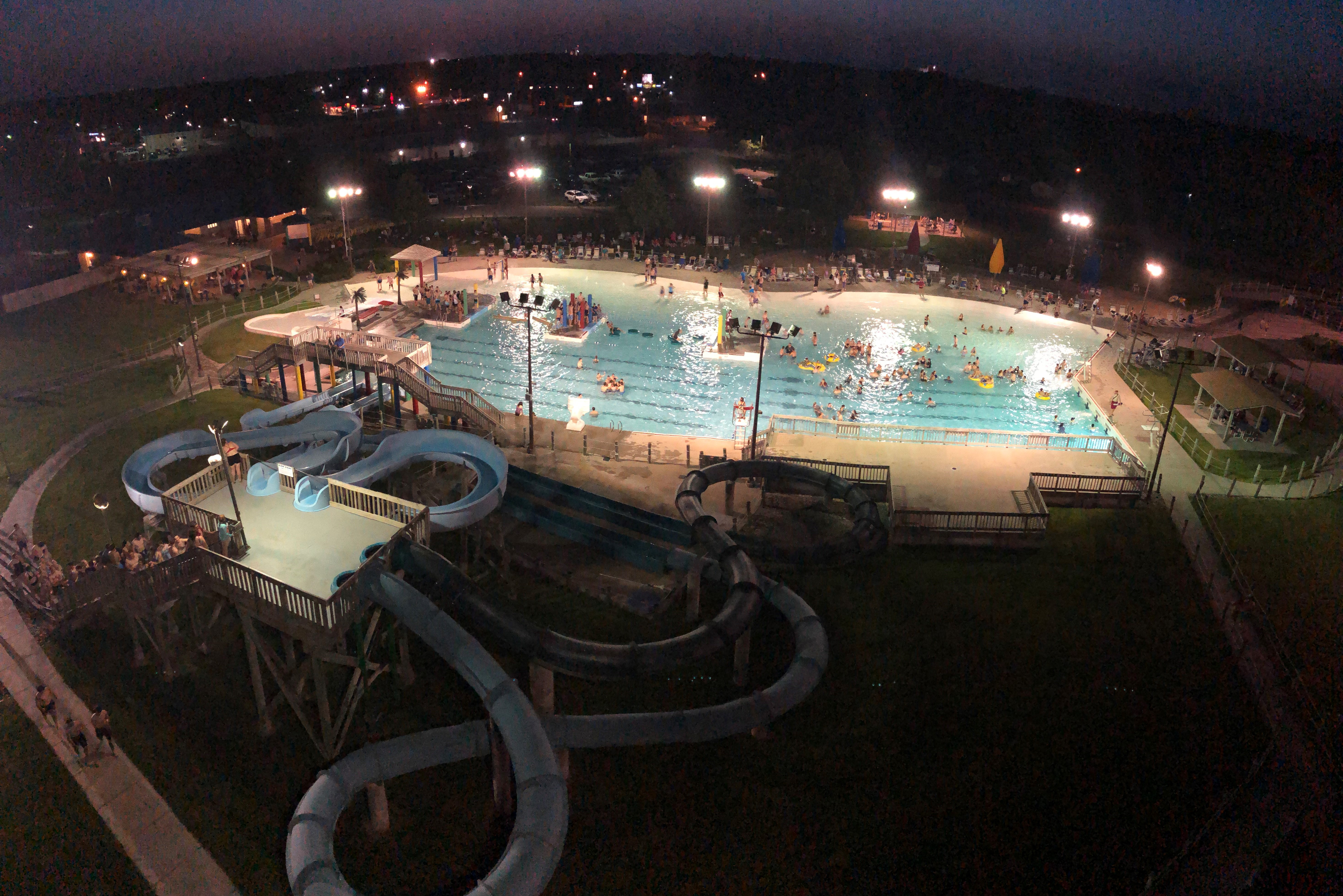 Aerial view of Island Oasis Water Park at night.