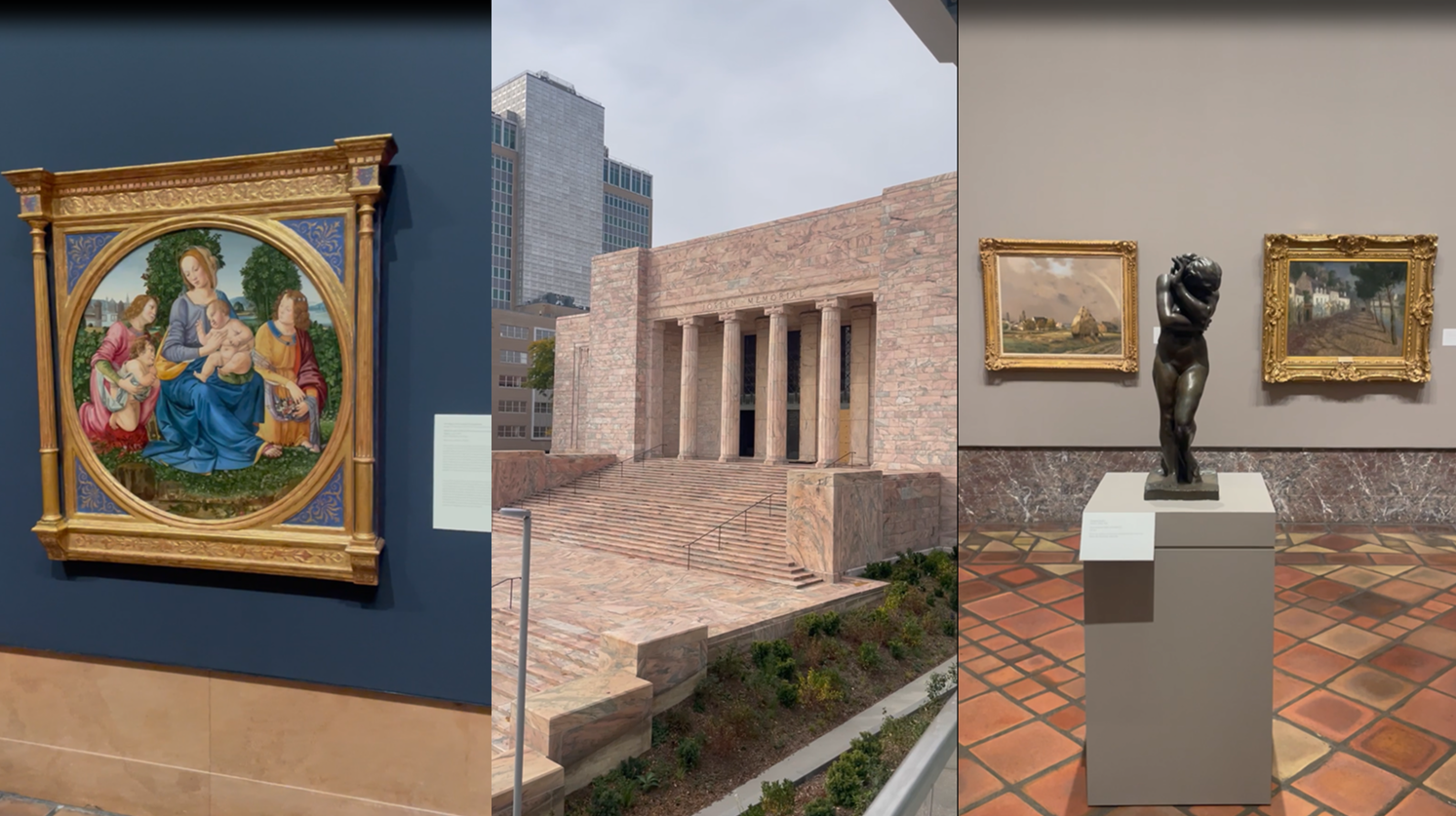 A three-image of Joslyn Art Museum, including a painting, the exterior of the museum and a sculpture with two paintings behind it.