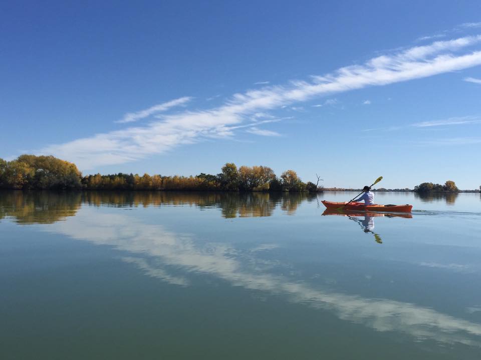 A person kayaking on Lake Maloney with trees in the background on a mostly clear day.