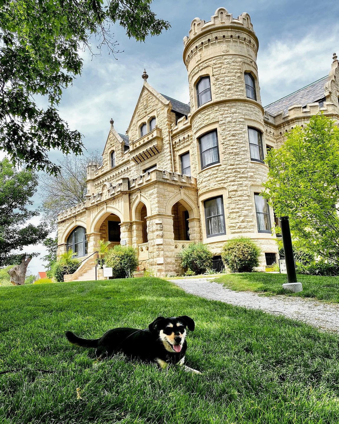 Exterior of Joslyn Castle with a dog out front in Omaha.