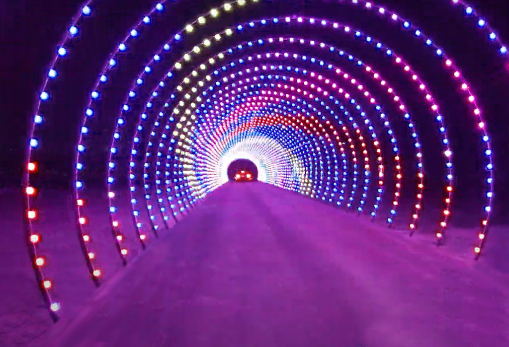 A drive-through tunnel of holiday lights at Santa's Rock N Lights.