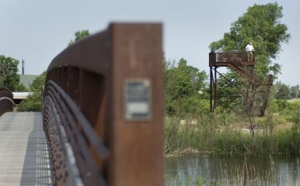A bridge and viewing deck at Crane Trust Nature & Visitor Center in Wood River, Nebraska.